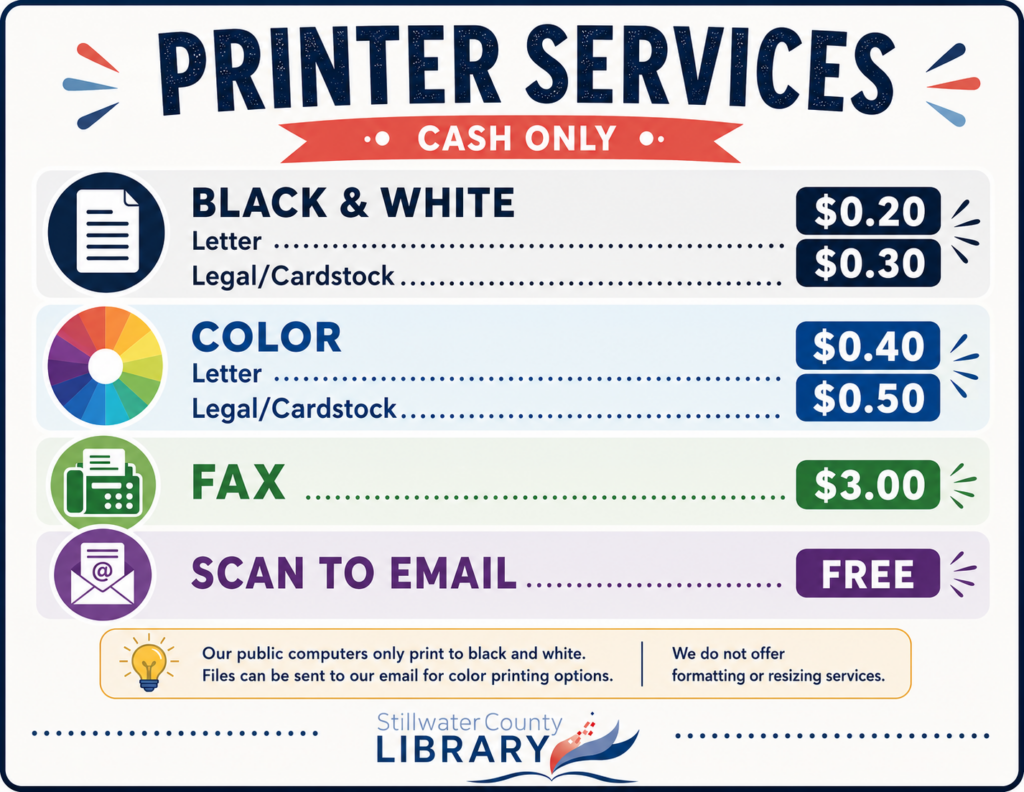 Printer Services - Cash Only
Black & White Letter: $0.20
Black & White Legal/Cardstock: $0.30
Color Letter: $0.40
Color Legal/Cardstock: $0.50
Fax: $3.00
Scan to Email: Free
Our public computers only print to black and white. Files can be sent to our email for color printing options. We do not offer formatting or resizing services.